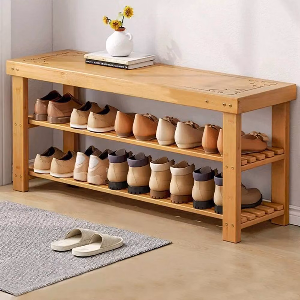 VOGREX 3 Tier Bamboo Shoe Storage Bench Hallway Organiser, Beige, W/D/H: 67 x 45 x 25 cm – 2