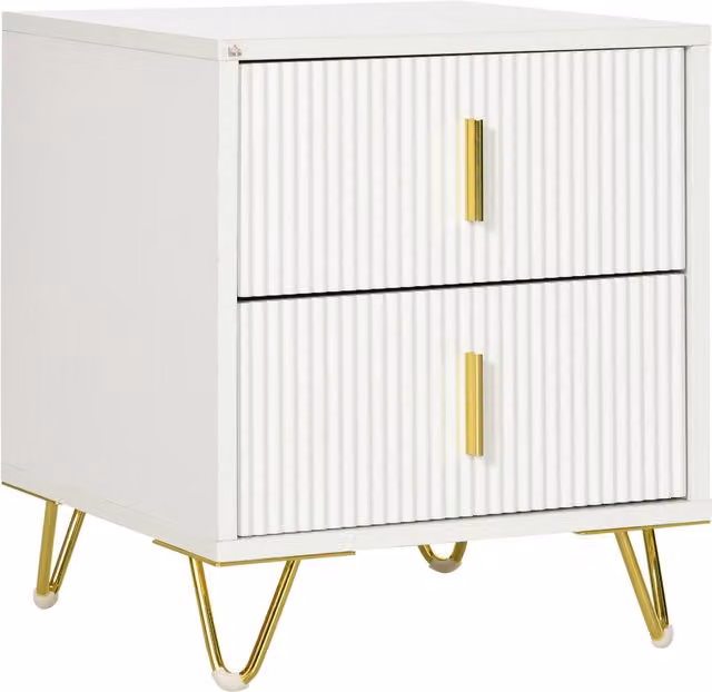 HOMCOM Modern Bedside Table with 2 Drawers and Metal Frame in White and Gold – 1