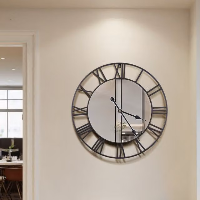 Livingandhome Modern Round Mirrored Wall Clock in Black, Diameter: 60.96 cm