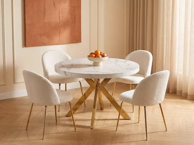 Vente-unique Extendable Round Dining Table in White Marble MDF and Metal, 4-8 Seater, W/D/H: 120 x 120 x 76 cm