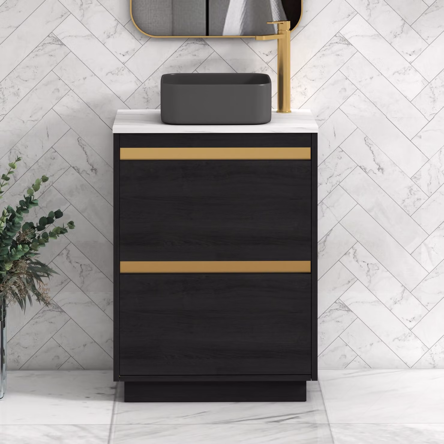 Royal Bathrooms Orion 600mm Hale Black Floor Standing Vanity Unit with Carrara White Art Square Basin and Brushed Brass Accents
