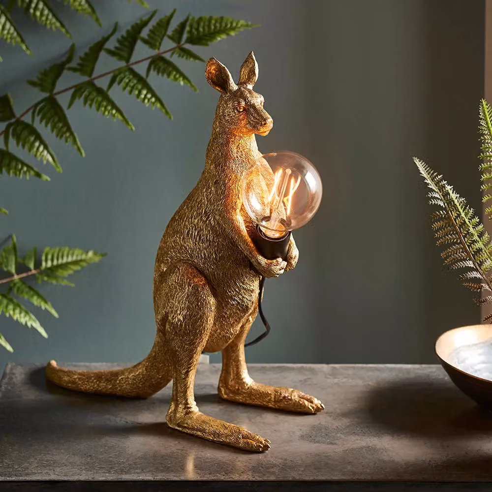 Loops Vintage Gold Kangaroo Table Light with Resin Figure and Matt Black Lamp Holder – 2