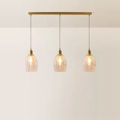 ValueLights Cheltenham 3 Drop Bar Ceiling Light in Brushed Gold with Transparent Ribbed Glass Shades
