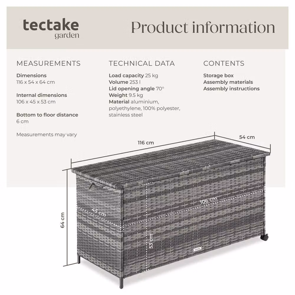 tectake Kuusamo Large Storage Box in Grey with Rattan and Aluminium Frame and Castors – 6