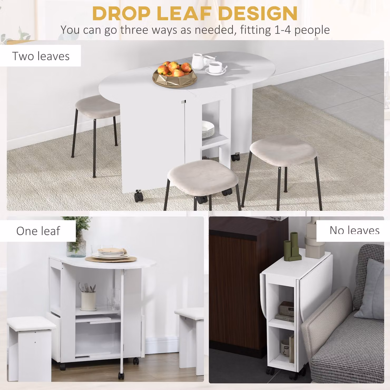 HOMCOM White Four-Person Drop Leaf Dining Table with Castors and Serving Tiers – 3
