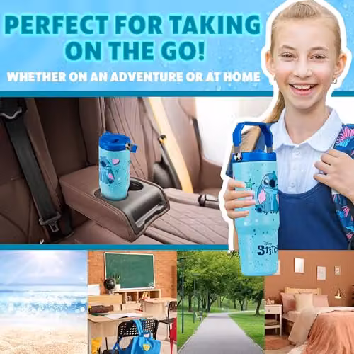Get Trend Disney Stitch Insulated Metal Travel Tumbler with Flip Up Straw and Handle, Blue, 850ml – 3
