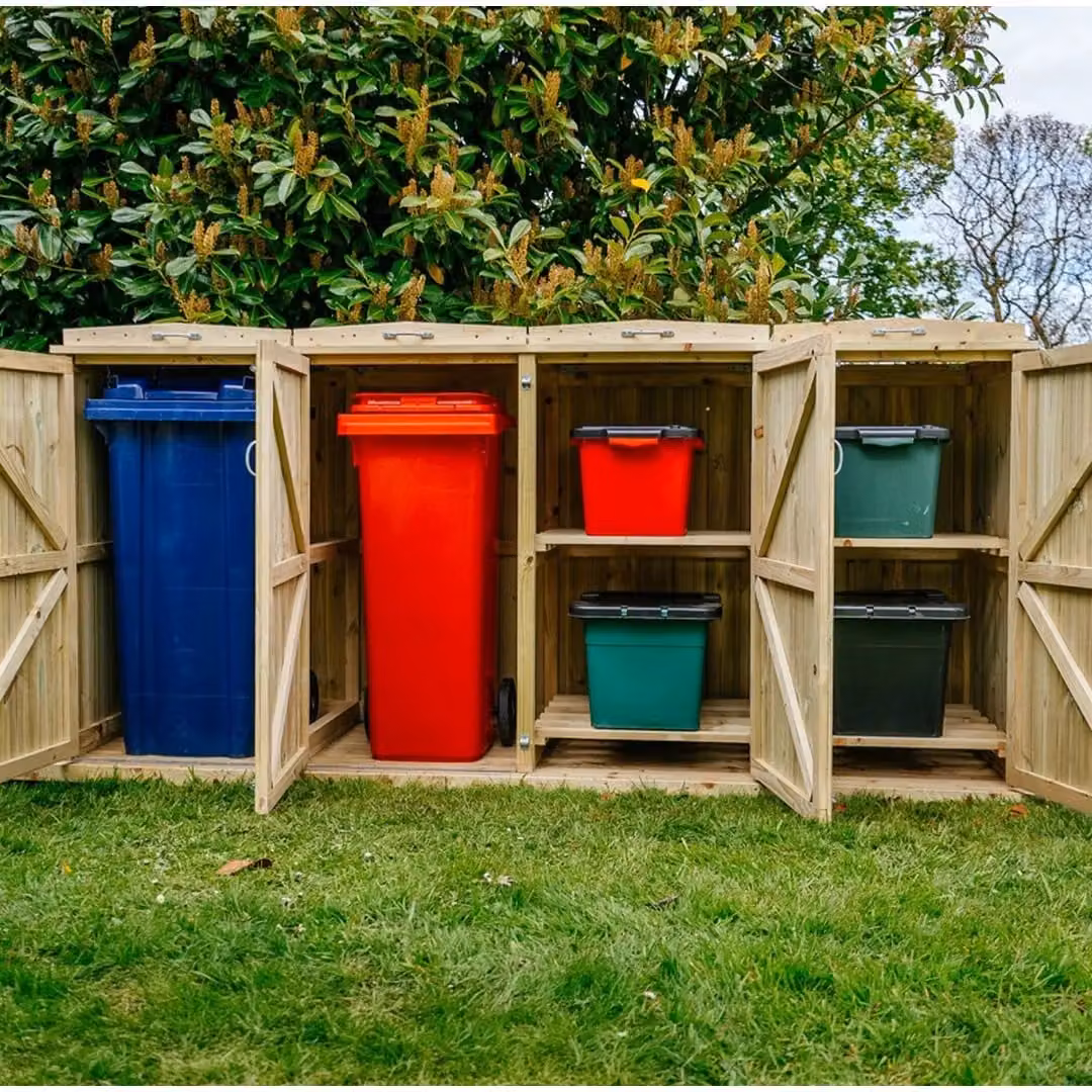Buttercup Farm Shireburn Brown Bin Store with Floor and Shelving, Fits 2x 180L/240L Wheelie Bins and 4x Boxes, W/D/H: 120.0 x 80.4 x 261.5 cm – 3