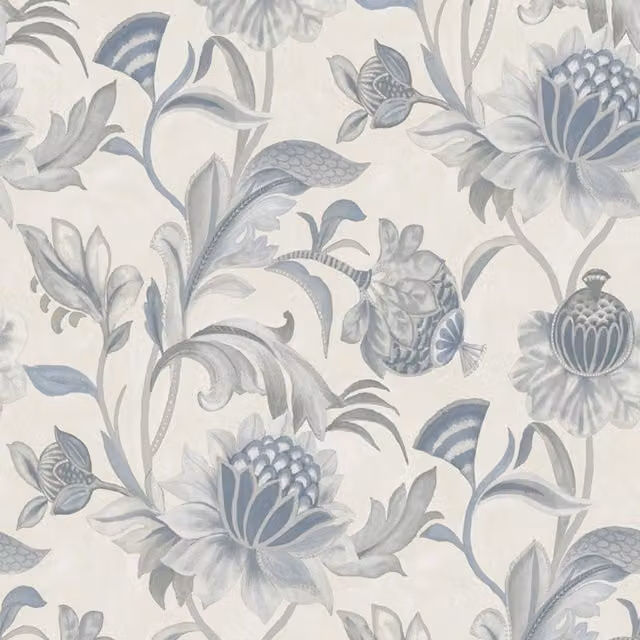 Holden Decor Cecelia Blue Floral Jacobean Style Metallic Textured Vinyl Wallpaper