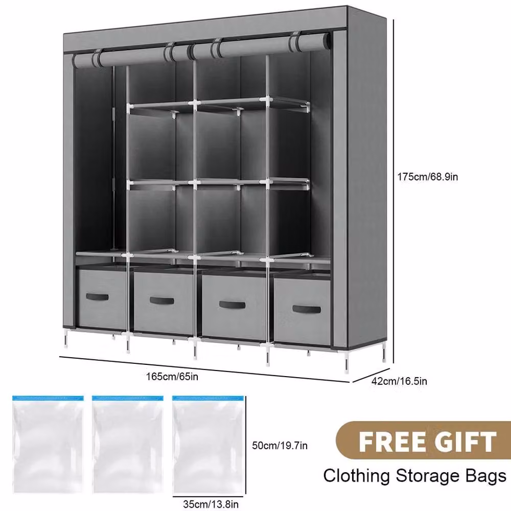 FORGEVIO Grey Fabric Canvas Wardrobe with Hinged Doors, Integrated Drawers and Hanging Rail – 2