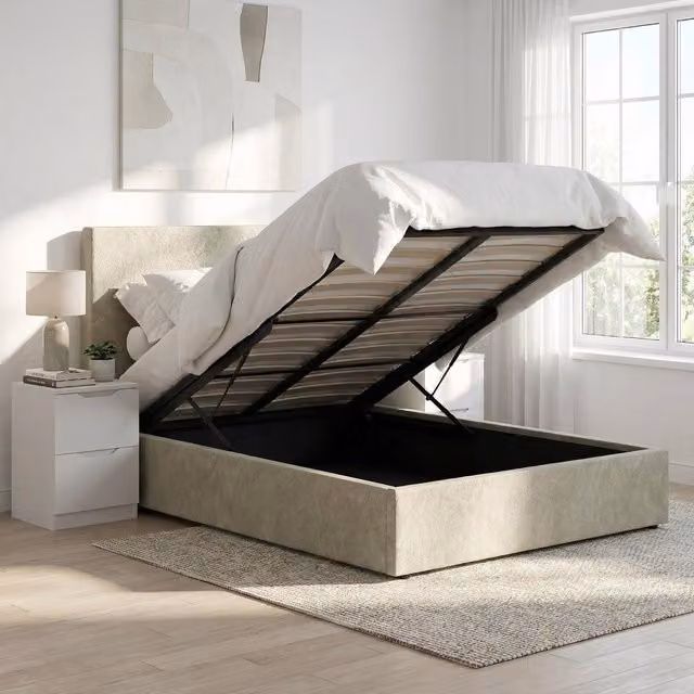 FWStyle Sand King Size Ottoman Bedframe with Padded Tall Headboard and Lift Up Base