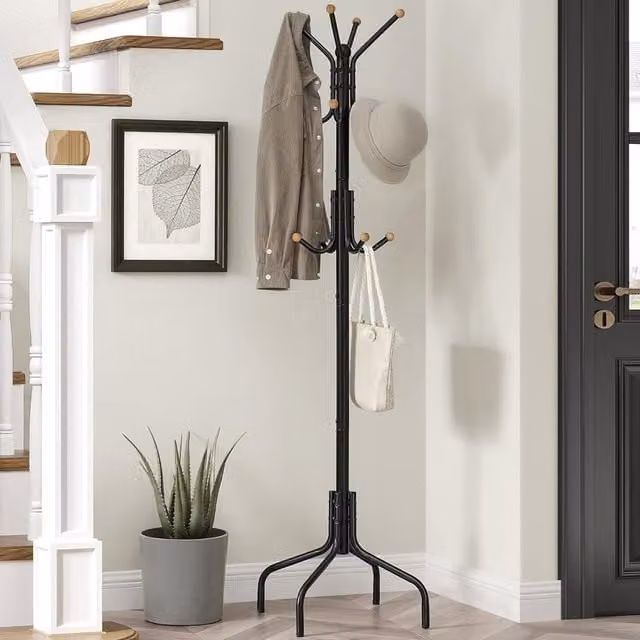 The Bazaarist Modern Black Metal Post Tree Coat Rack for Hallway or Home Office, H 180 x W 55 x D 12 cm