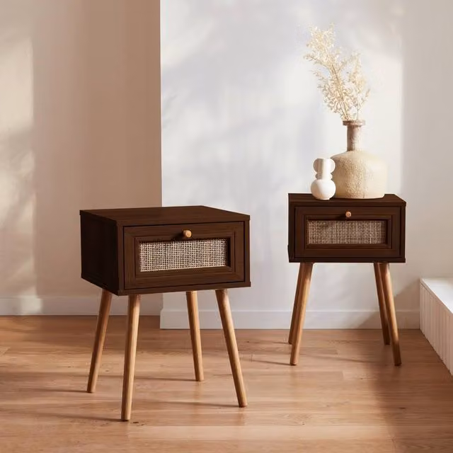 Sweekeek Pair of Woven Rattan Bedside Tables with Drawer in Dark Brown – 1