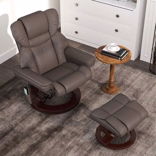 HOMCOM Brown Synthetic Leather Upholstered Massage Recliner Chair with Swivel and Footstool