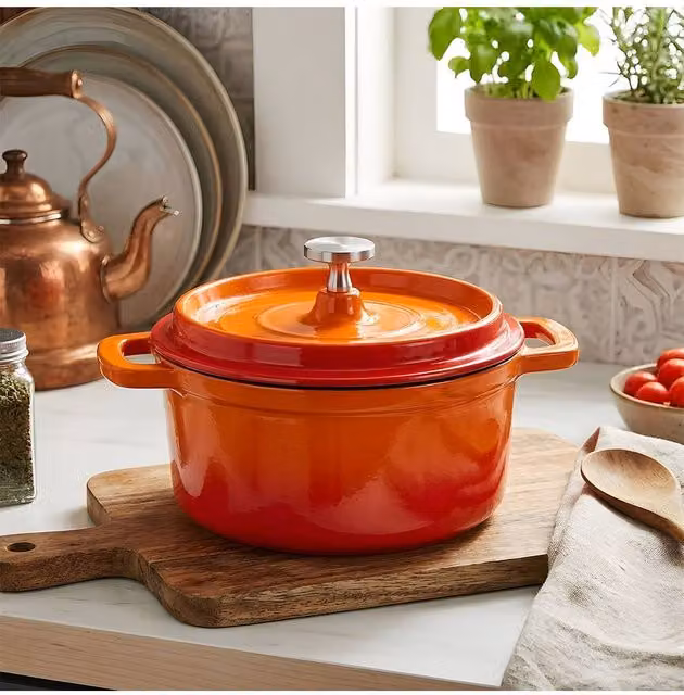 Living and Home Enamelled Cast Iron Dutch Oven Casserole Pot with Lid, Orange