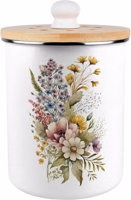 Purely Home Flower Bouquet Metal Food Waste Caddy with Flip Lid, Green, 2L
