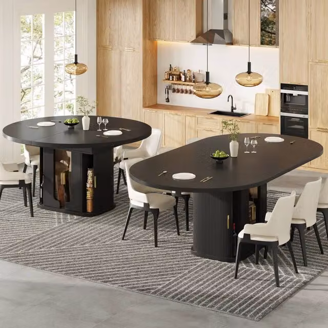 Merax Extendable Round Dining Table in Black with Glass and MDF Laminate