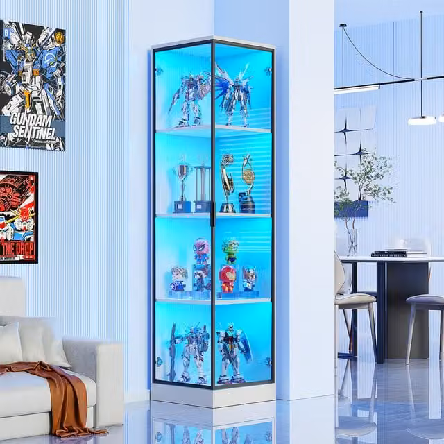 BROTTAR Corner Bookcase in White with Glass Doors and Integrated LED Lighting, H 146.4 x W 36.6 x D 40.0 cm