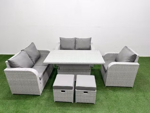 Fimous Grey Poly Rattan Garden Furniture Set with High Back Reclining Chair, 2 Seater Sofa, and Adjustable Coffee Table