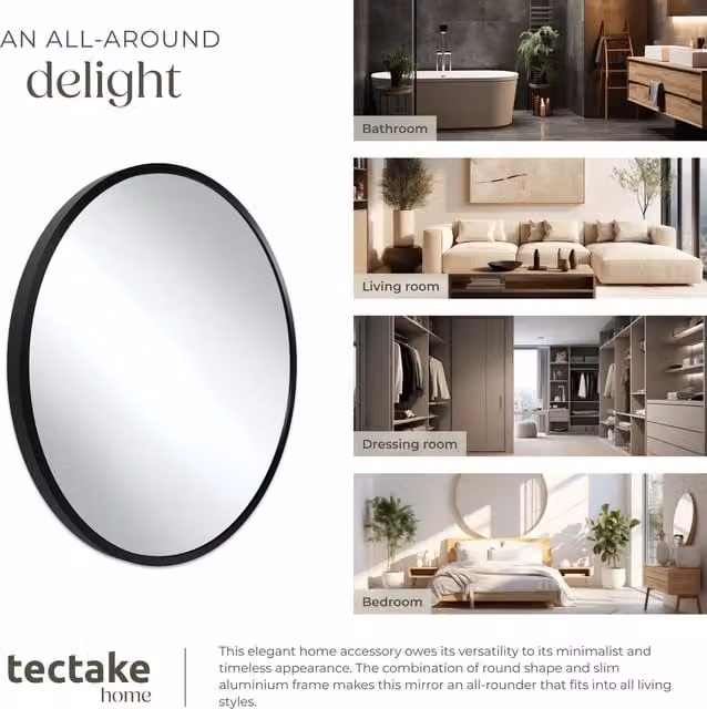 Tectake Fiona Round Wall Mounted Minimalist Mirror with Black Aluminium Frame, Diameter: 50 cm