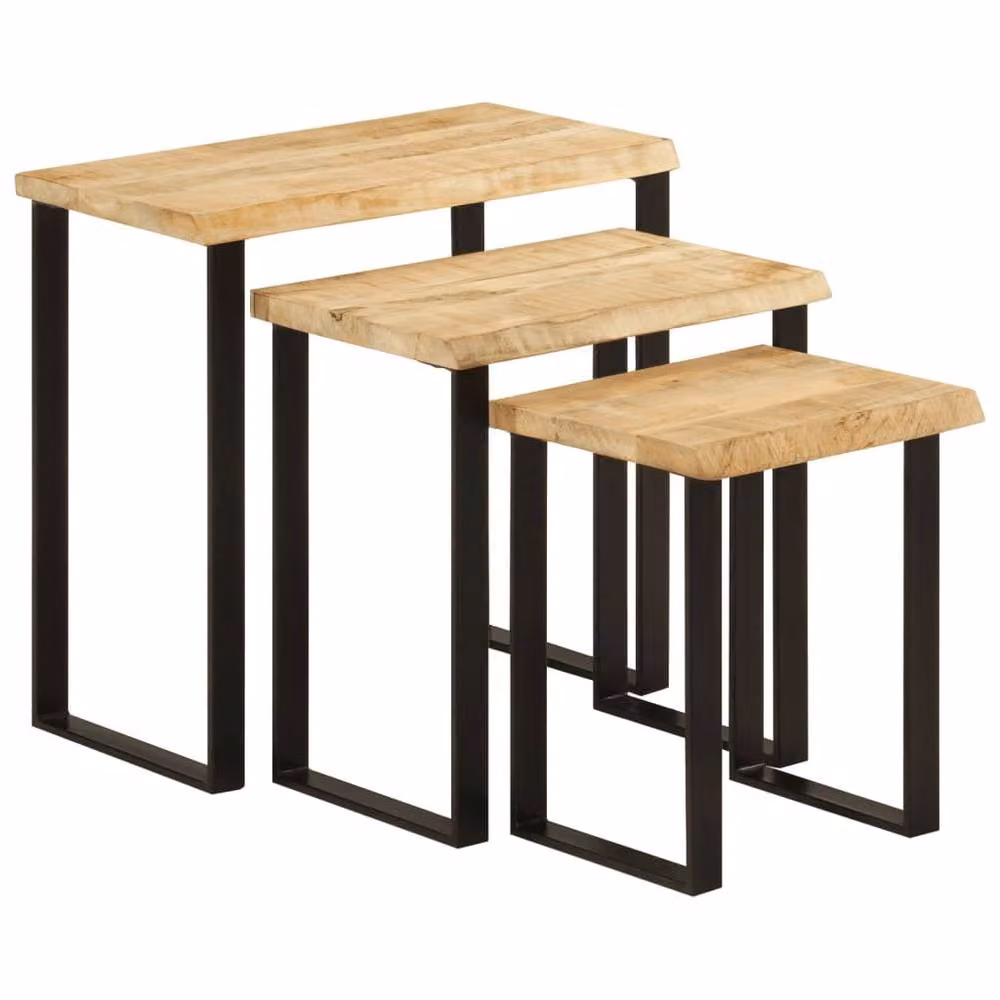 Berkfield Home 3-Piece Nesting Tables Set in Brown Solid Mango Wood with Live Edge and Metal Accents – 2