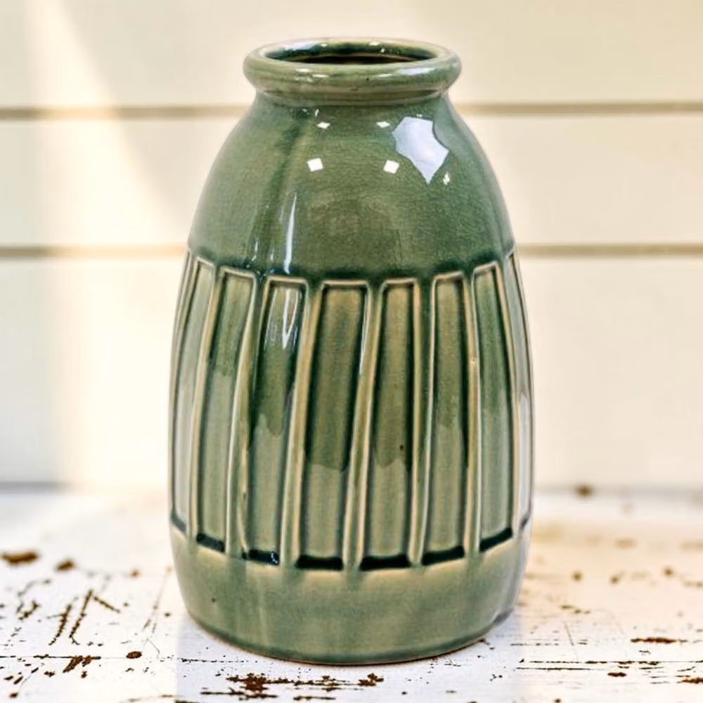 Four Candle Green Striped Ceramic Round Tabletop Vase, H: 25.0 cm, W: 14.0 cm, D: 14.0 cm – 2