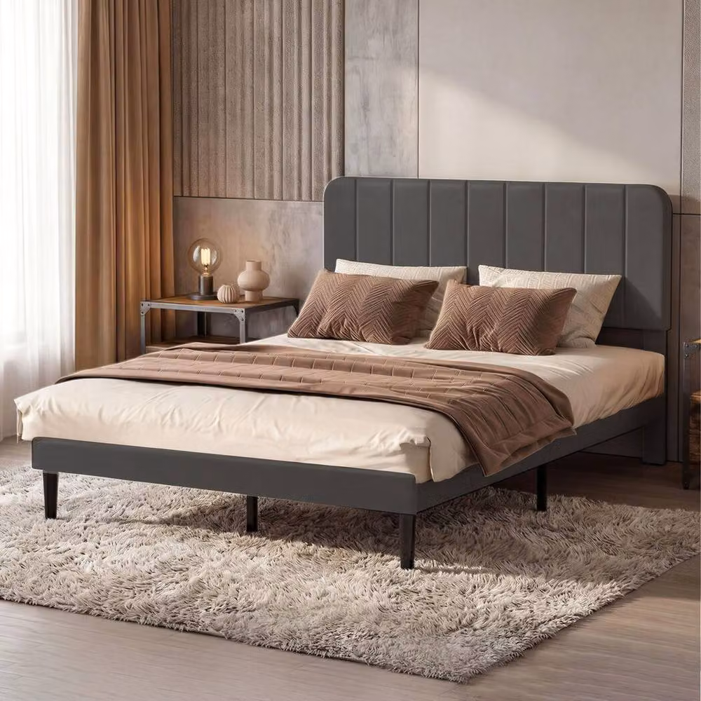 Levede Double Bed Frame with Adjustable Upholstered Velvet Headboard in Grey, W/D/H: 135 x 190 x 140 cm – 3
