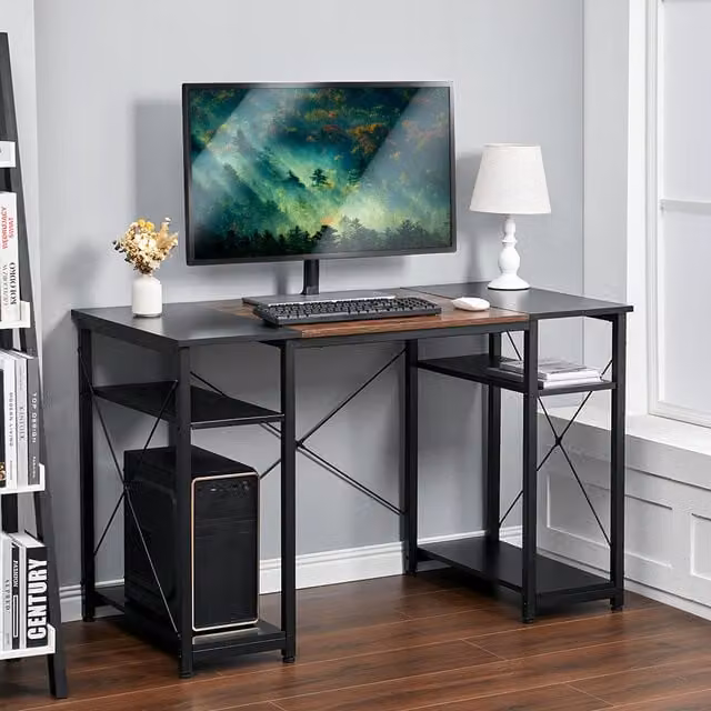 Livingandhome Industrial Computer Desk with Metal X-Frame and Shelves, Brown, Width: 120 cm