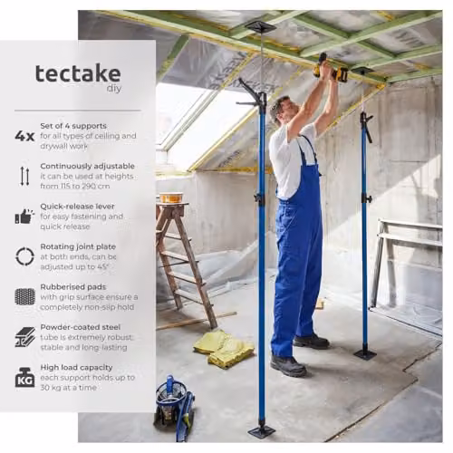 tectake Plasterboard Prop Set of 4, Blue, Adjustable 115-290 cm – 2