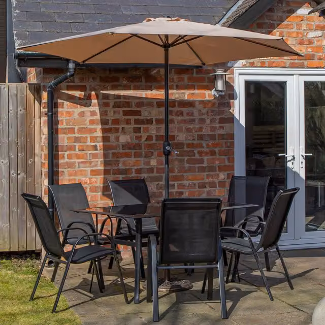 Samuel Alexander 6 Person Rectangular Glass Top Patio Table and Chairs Set with Beige Parasol and Base in Black