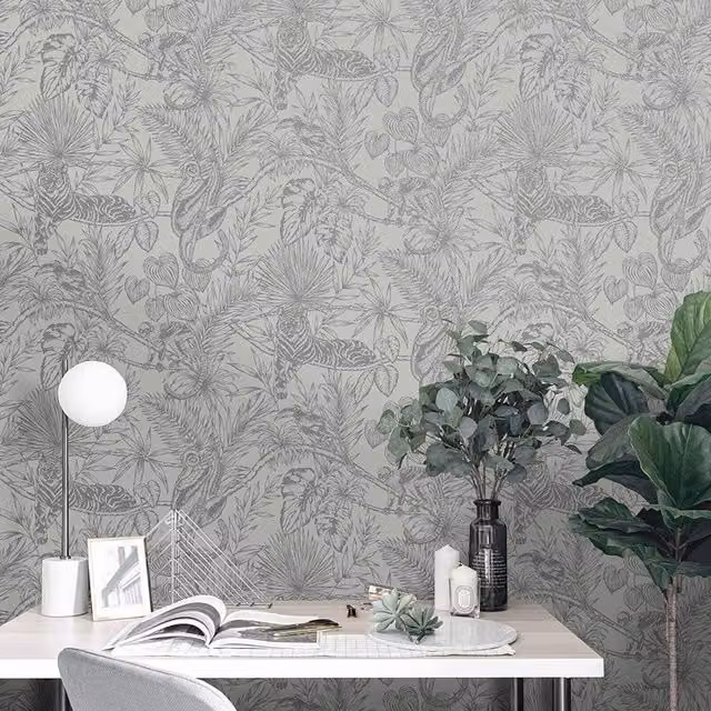 Erfurt Grey and Silver Animal Print Botanical Vinyl Wallpaper