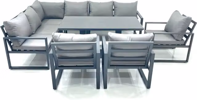 Fimous Aluminum Outdoor Garden Furniture Set with Corner Sofa, 3 Chairs and Adjustable Rising Lifting Dining Table in Dark Grey