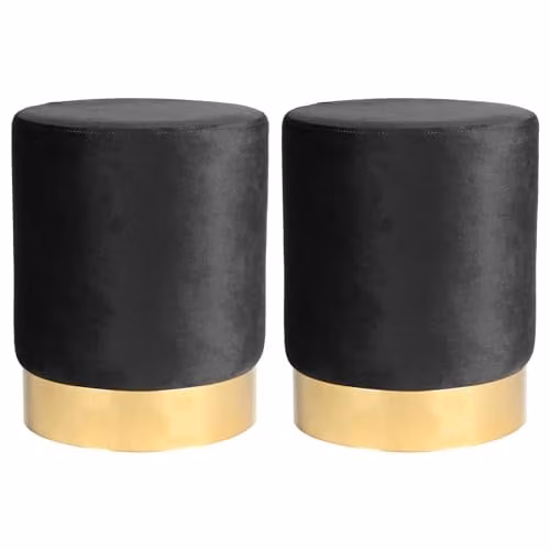 Harbour Housewares Velvet Round Pouffe Footstools, Pack of 2, Black with Gold Base, W/D/H: 29 x 29 x 36 cm – 1