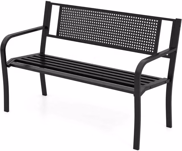 VOGREX Black Lacquered Metal Garden Loveseat Outdoor Patio Bench with Armrests