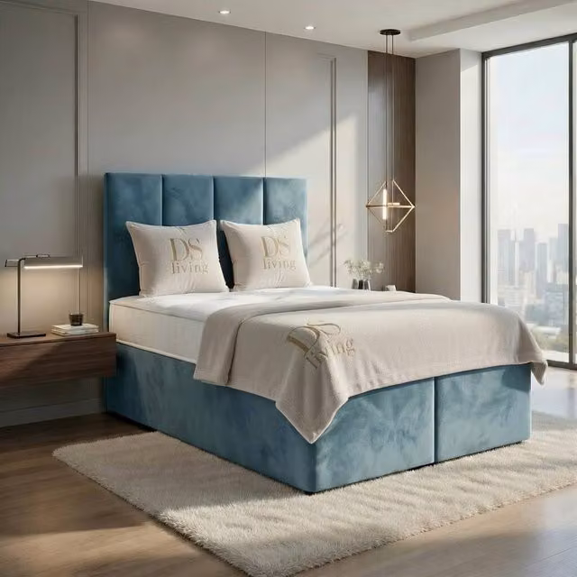 DS Living Harmony Upholstered Ottoman Bed in Blue Velvet, W/D/H: 140 x 200 cm – 1
