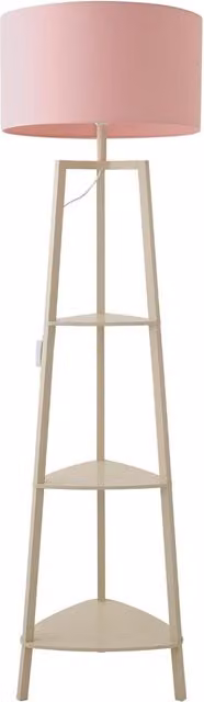 ValueLights Hiru 3 Tier Wooden Shelf Floor Lamp with Blush Pink Fabric Drum Shade and Bulb