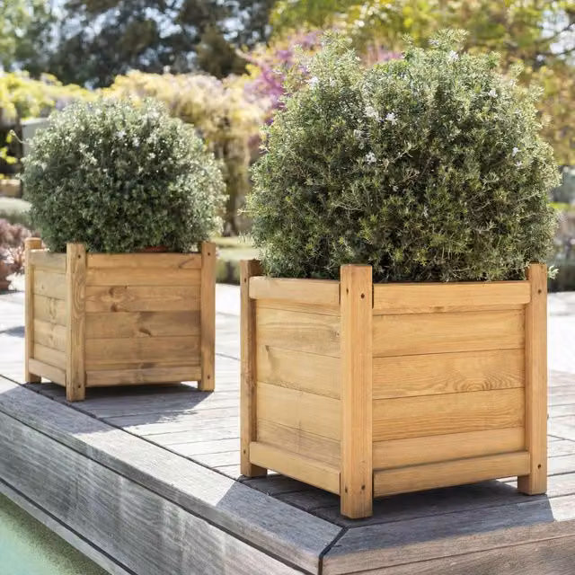 Primrose Liz Frances Wooden Tapered Pine Planter Cube Garden Pot in Natural Brown/Beige, Height: 55 cm