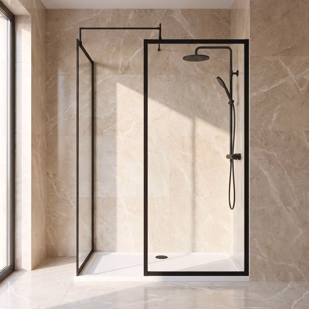 Balterley Framed Walk-In Wetroom Bundle with Rectangular Tray, Matt Black, W: 1400 mm, D: 700 mm – 2