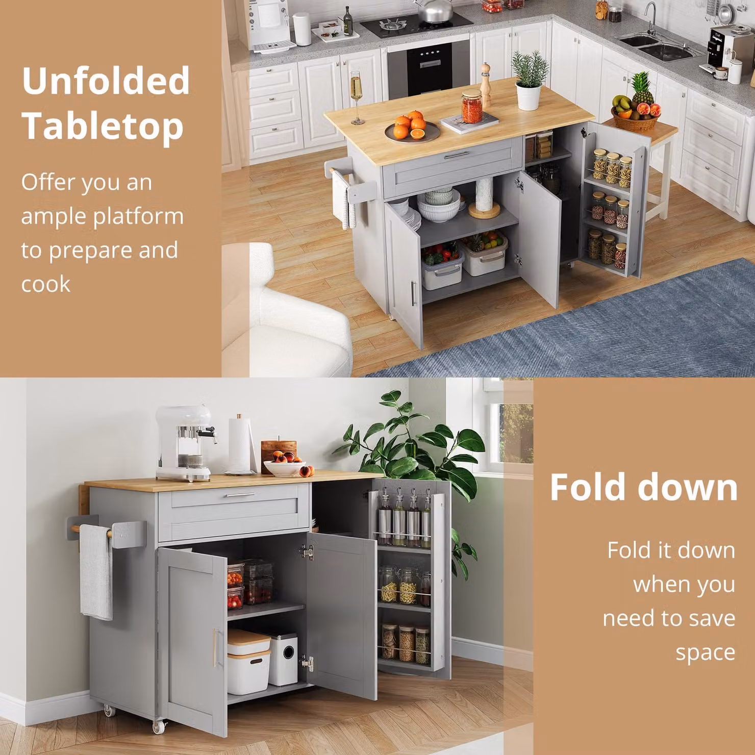 Aosom UK Grey Multifunctional Kitchen Island with Foldable Worktop and Adjustable Shelves, W: 132.5 cm, D: 44 cm, H: 90 cm – 5