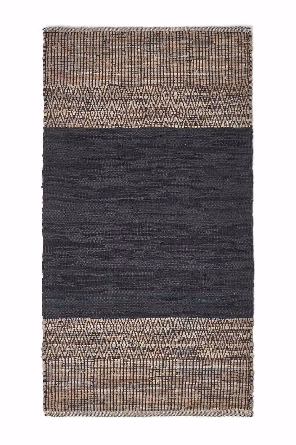 Homescapes Black Handwoven Leather Herringbone Rug, W: 90 cm, L: 150 cm – 2