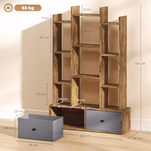 HOMCOM Modern Geometric Tree Bookshelf in Brown with 12 Media Compartments and 2 Drawers, H: 124 cm, W: 80 cm, D: 24 cm – 6