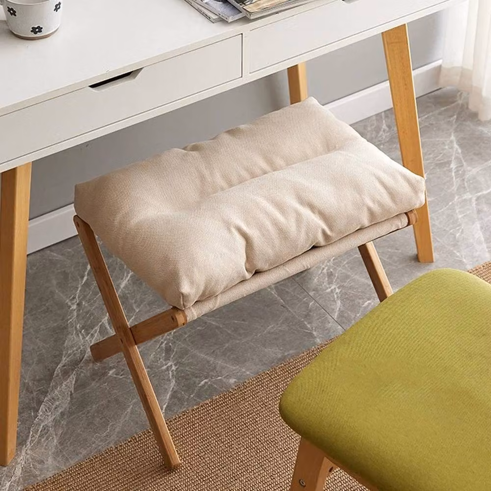 FLAVORA Foldable Footstool with Bamboo Legs and Beige Fabric Soft Pad – 3