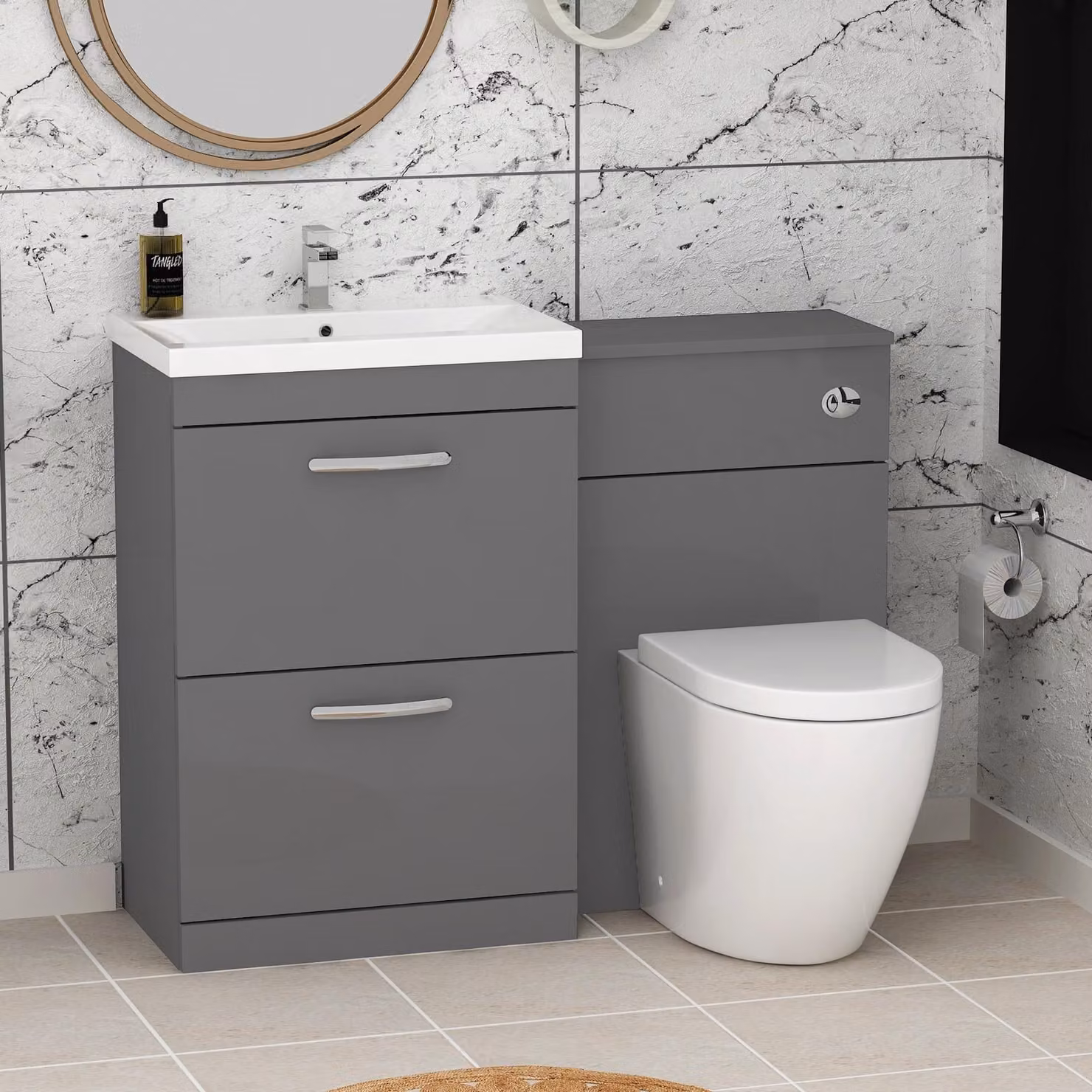 Royal Bathrooms Indigo Grey Gloss 2 Drawer Furniture Pack with Mid Edge Basin and Elva Back to Wall Toilet, Width: 110 cm