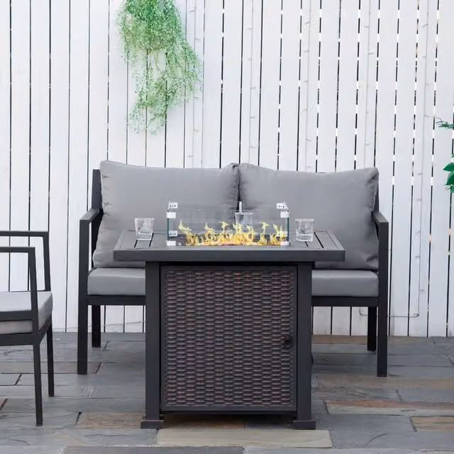 Outsunny Square Propane Gas Fire Pit Table, 50000 BTU, Black Rattan and Metal