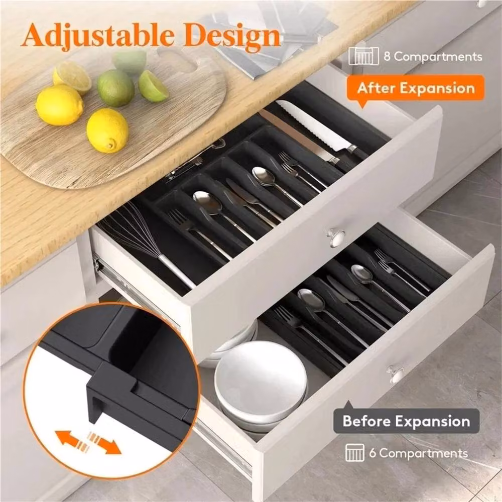 Nordara Adjustable Kitchen Drawer Organizer Tray with Compartments, Black, W: 120 cm, D: 15 cm, H: 15 cm – 6