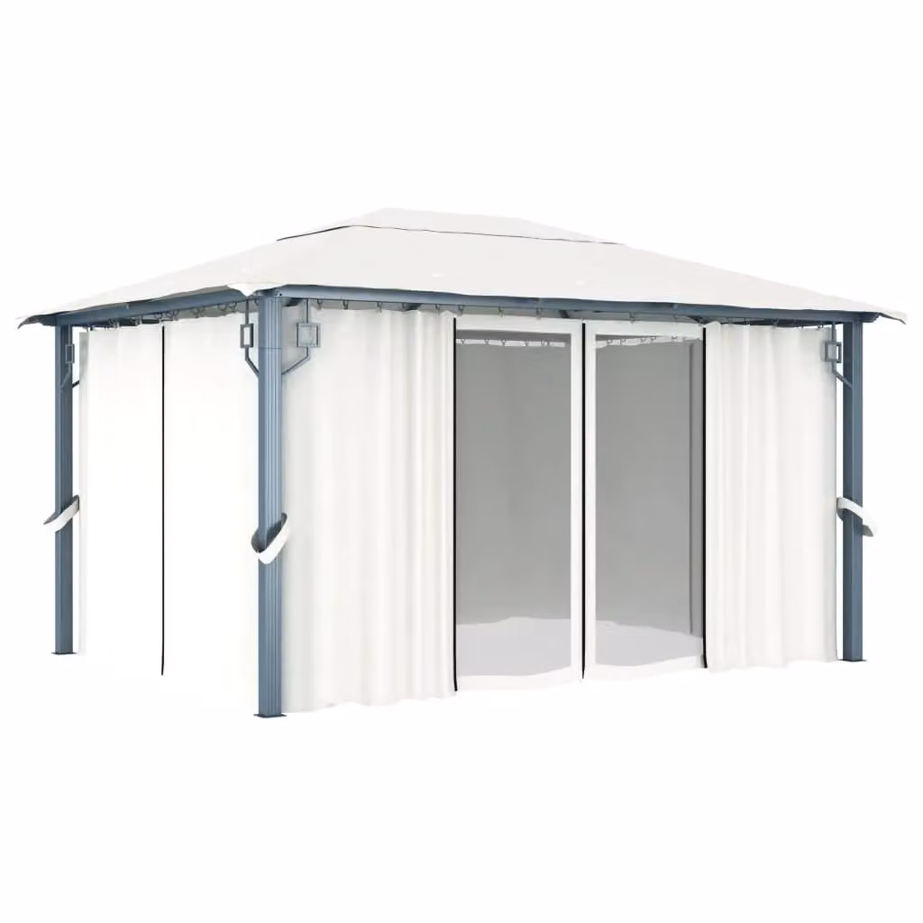 Berkfield Home Hip Gazebo with Curtains in Beige and White, W: 400 cm, D: 300 cm, H: 300 cm