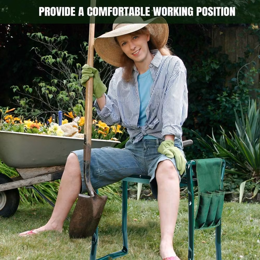 VOGREX 2-in-1 Folding Padded Garden Kneeler Seat with Tool Bag, Green – 6