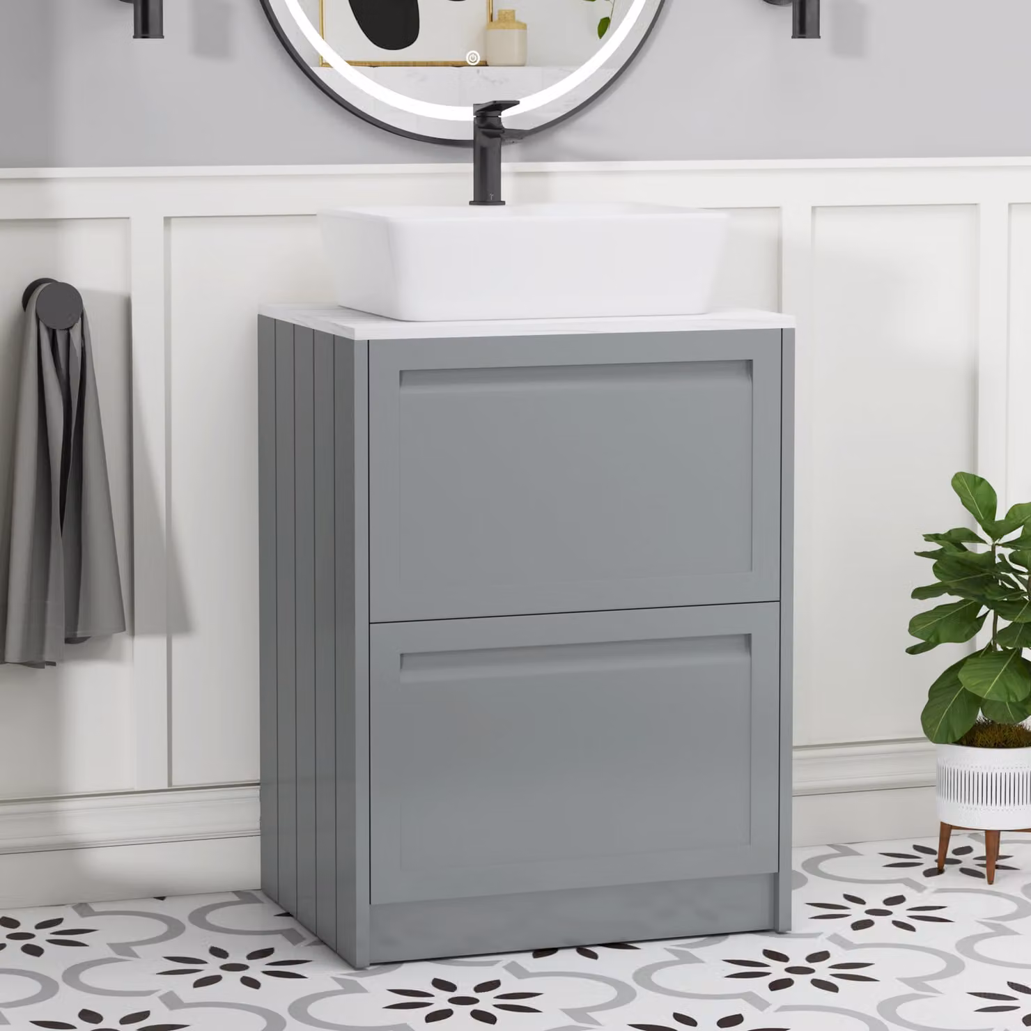 Royal Bathrooms Elmore 600mm Matt Pebble Grey Floor Standing Countertop Vanity Unit with 2 Drawers and Cube Basin