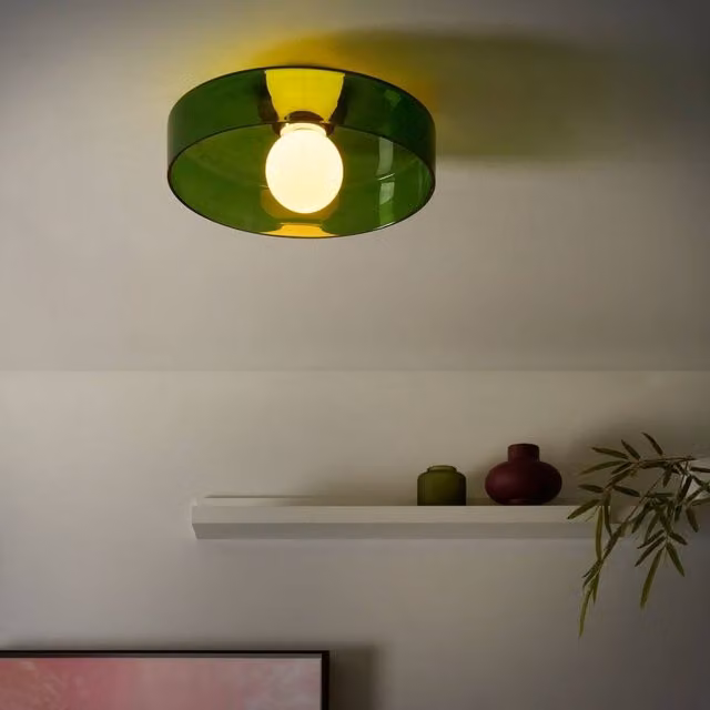 Wyld and Coco Green Glass Flush-Mount Ceiling Lamp for Low Ceilings, W/D/H: 35 x 35 x 12 cm
