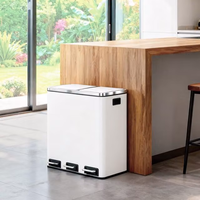 SONGMICS Double Kitchen Bin with Soft-Close Lids and Pedal Operation, White
