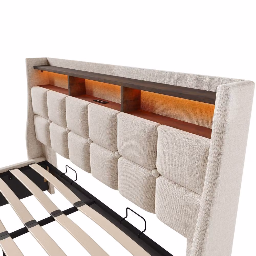 STILVORA Upholstered 5ft King Bed in Beige with LED Lighting, USB Charging Ports and Lift-Up Storage Base (W/D/H: 180 x 200 x 117 cm) – 5